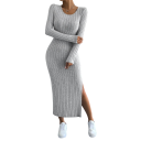 Rochie lungă de damă din tricot, cu fante. Croială moale, cu mâneci lungi. Rochie eleganta confortabila cu decolteu rotund. 2
