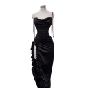 Rochie lungă din satin cu fantă adâncă Tivul adunat Decolteu în V Croială din satin căzută Spatele deschis Rochie de seară elegantă 4