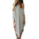 Rochie maxi de vară pentru femei cu dungi Tiv asimetric cu deschideri laterale Croi lejer Decolteu larg Mâneci scurte Poliester 6