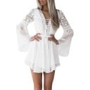 Rochie mini albă din dantelă pentru femei în stil boho Decolteu în V cu șnur și ciucuri Mâneci lungi în clopot Fustă fluidă Poliester 5