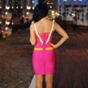 Rochie mini bandaj pentru femei, cu bretele, Croi ajustat care evidențiază silueta, Roz strălucitor cu benzi colorate contrastante, Poliester 3