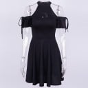 Rochie mini gotică neagră pentru femei cu umeri descoperiți și guler înalt Prăbușire în formă de semilună Mânici scurte cu șnururi Bumbac cu spandex 1