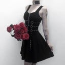 Rochie neagră pentru femei cu bretele late și fermoar în față Decorare distinctivă cu bentițe cu inele metalice Stil A Bumbac cu spandex 5