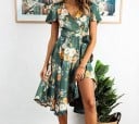 Rochie verde închis pentru femei cu imprimeu floral Decolteu în V Mâneci scurte și lejere Legare pe lateral Fustă asimetrică Poliester 2