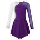 Rochii de patinaj artistic pentru fete cu mâneci lungi și strasuri, costum de dans bicolor din plasă și poliester pentru competiții și antrenamente 2
