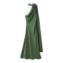 Rochii elegante lungi din satin pentru femei, fără mâneci, cu guler asimetric în jurul gâtului și eșarfă fluidă pe spate 14