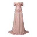 Rochii lungi de seară și bal pentru femei, cu umerii descoperiți și corset cu broderie florală și mărgele, cu fustă fluidă roz 1