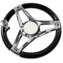 Roda de leme com botão rotativo diâmetro 34 cm três raios braços cromados coroa preta para barco iate barco a motor e pesca 1
