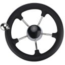 Roda de leme em aço inoxidável com espuma preta e bola rotativa diâmetro 280 mm furo 17 a 19 mm inclinação 28 graus para barco iate e lancha 1
