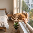 Ronde houten platform voor katten op het raam 30 x 25 cm Met zuignappen zonder boren Massief hout Uitzicht rustplek op glas en muur 2