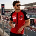 Rotes Herren-T-Shirt mit der Nummer 93 und schwarzem Sattel über den Schultern mit kurzen Raglanärmeln im Stil eines Motorrad-Team-Trikots 5
