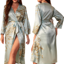 Roupão feminino com padrão floral Roupão leve em poliéster e seda artificial Cinto na cintura Roupão elegante para mulheres 7