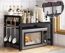 Rozszerzalny stojak na mikrofalówkę 40–60 x 36 x 46 cm Czarny Regulowana półka do kuchni, organizer z haczykami 5