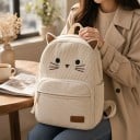 Rucsac damă cu pisici 38 x 28 x 11 cm cu urechi și fața pisicii brodată, cu buzunar interior pentru laptop și buzunar mare frontal cu fermoar 2