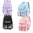 Rucsac școlar pentru copii 41 x 28 x 18 cm cu model în carouri și fundiță, cu două compartimente cu fermoar și buzunare laterale pentru sticlă 1