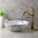 Rundes keramisches Waschbecken mit goldenem Wasserhahn 395 x 155 mm weiß mit goldener Verzierung im Retro-Stil für die Ablage im Badezimmer und auf der Toilette 2