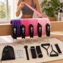 Růžovofialová sada odporových pásů na posilování 150 lb s napínacími lany o zátěži 10 až 50 lb a rukojeťmi i kotníkovými popruhy 2