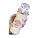Rvs thermosfles met rietje en knop 380 ml vacuüm 18 x 6,5 cm crème met kinderdesign dieren voor drinken onderweg en op school 2