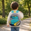 Sac à dos gris pour enfants 26 x 24 x 10 cm avec motif de tank turquoise et bandes jaunes avec deux poches zippées et bretelles turquoise 3