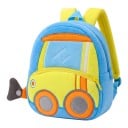Sac à dos pour enfants 26 x 24 x 10 cm avec motif de bulldozer jaune et roues orange sur fond bleu clair avec poche principale et poche avant zippée 3