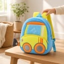 Sac à dos pour enfants 26 x 24 x 10 cm avec motif de bulldozer jaune et roues orange sur fond bleu clair avec poche principale et poche avant zippée 4
