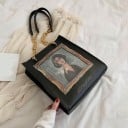 Sac à main en simili cuir avec impression d'une œuvre d'art dans un cadre décoratif Deux anses avec chaîne dorée Noir Forme rectangulaire 28,5 x 25 3