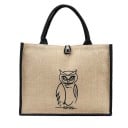 Sac à main en toile de lin avec impression de chouette Sac beige naturel avec bord noir, anses courtes et fermeture à bouton 4