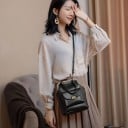 Sac à main pour femme en bandoulière avec cadre en métal et fermeture à billes Poignée et sangle amovible Poche avant avec serrure tournante 8