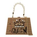 Sac à main rigide pour femme 23 x 20 x 6 cm Impression de papier à lignes avec couronne et inscription Queen Anse en perles Chaîne dorée 3