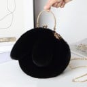 Sac à main rond pour femme avec des oreilles de lapin 22 x 21 cm Surface en peluche douce Anse en métal Fermeture à cadre Chaîne longue 14