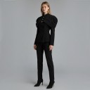 Saco de mujer con hombros voluminosos, cuello alto, botones en forma de gota, corte entallado, poliéster, para el trabajo y la noche 9