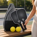 Saco de pickleball com 2 raquetes e 2 bolas em mochila a tiracolo 40 x 20 x 1,4 cm Fibra de carbono Grafite Preto com padrão branco Para crianças 2