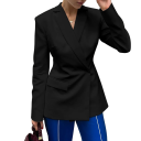 Saco elegante feminino com colarinho e bolsos Saco de cor única com recorte nas costas e fivela ajustável em poliéster e spandex Casaco estiloso 7