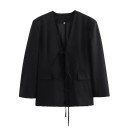 Saco elegante preto para senhora com decote em V e fita para atar Saco de poliéster de cor sólida para escritório e lazer 1
