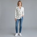 Sacou damă cu cordon de legat Model floral Cu rever și buzunare cu rever Poliester Alb cu flori albastre Pentru birou și primăvară-vară 4