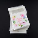 Sada 100 ks priehľadných darčekových sáčkov 7×7 cm s kvetinovým potlačou „Thank You“, samolepiace balenie na drobnosti 3