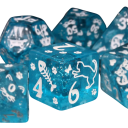 Sada hracích kociek 7 ks svetlomodrých s motívom mačiek RPG Dračí doupě stolné hry fantasy mnohostenné kocky 1