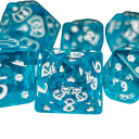 Sada hracích kociek 7 ks svetlomodrých s motívom mačiek RPG Dračí doupě stolné hry fantasy mnohostenné kocky 2
