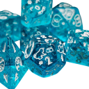 Sada hracích kociek 7 ks svetlomodrých s motívom mačiek RPG Dračí doupě stolné hry fantasy mnohostenné kocky 3