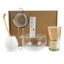 Sada na Matcha čaj 5dílná Skleněná miska Bambusová metlička i lžička Sítko a keramický stojánek Japonská příprava zeleného čaje 4