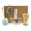 Sada na Matcha čaj 5dílná Skleněná miska Bambusová metlička i lžička Sítko a keramický stojánek Japonská příprava zeleného čaje 5