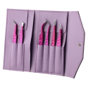 Sada pinzet na umělé řasy 6 ks Nerezová ocel Zahnuté i lomené hroty Růžové pouzdro s přihrádkami Pro prodlužování a objemové řasy 1
