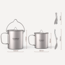 Sæt med 750 ml og 450 ml titaniumkrus med låg, foldbare håndtag, ultralet campingkøkkengrej, Spork og opbevaringstaske til vandreture 2