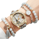Sæt med dameure med læderrem, Eiffeltårnet-motiv, 4 armbånd, grå farve, Elegant tilbehør, Gave til kvinder 1