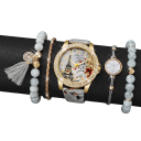 Sæt med dameure med læderrem, Eiffeltårnet-motiv, 4 armbånd, grå farve, Elegant tilbehør, Gave til kvinder 2