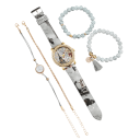 Sæt med dameure med læderrem, Eiffeltårnet-motiv, 4 armbånd, grå farve, Elegant tilbehør, Gave til kvinder 3