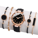 Sæt med dameure med sort læderrem og 4 armbånd Elegant sæt Ure og smykker til kvinder Stilfuld gave 2