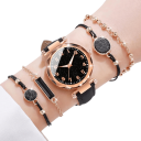 Sæt med dameure med sort læderrem og 4 armbånd Elegant sæt Ure og smykker til kvinder Stilfuld gave 3