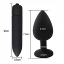 Sæt med sort silikone analplug med aftagelig sten og minivibrator. Diskret emballage. 2