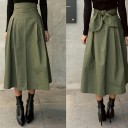 Saia longa feminina com cintura alta e laço nas costas Corte em A com pregas Verde-oliva Algodão e spandex Para uso diário 5